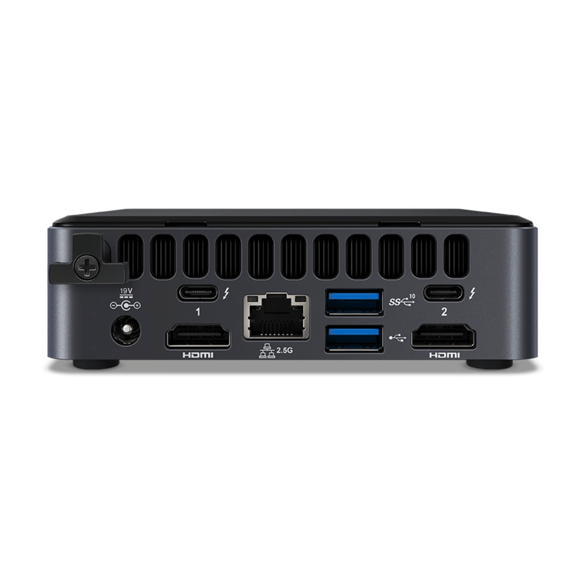 Bagsiden af en Intel NUC 11 Pro med forskellige porte og tilslutninger
