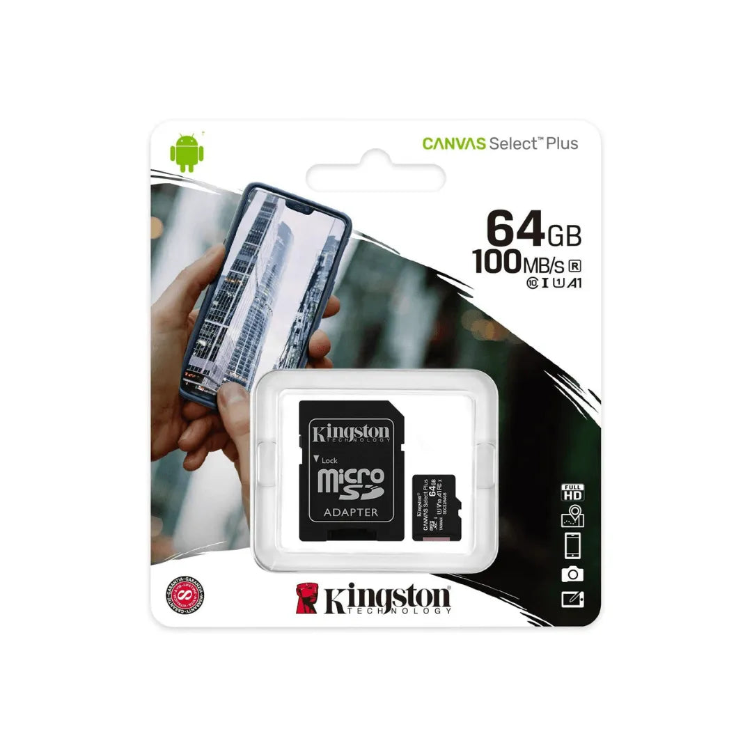 Kingston 64GB microSD memory card with SD adapter in retail packaging