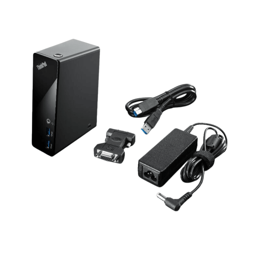 USB 3.0 docking station with power adapter, USB cable, and DVI adapter on white background
