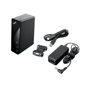 USB 3.0 docking station with power adapter, USB cable, and DVI adapter on white background