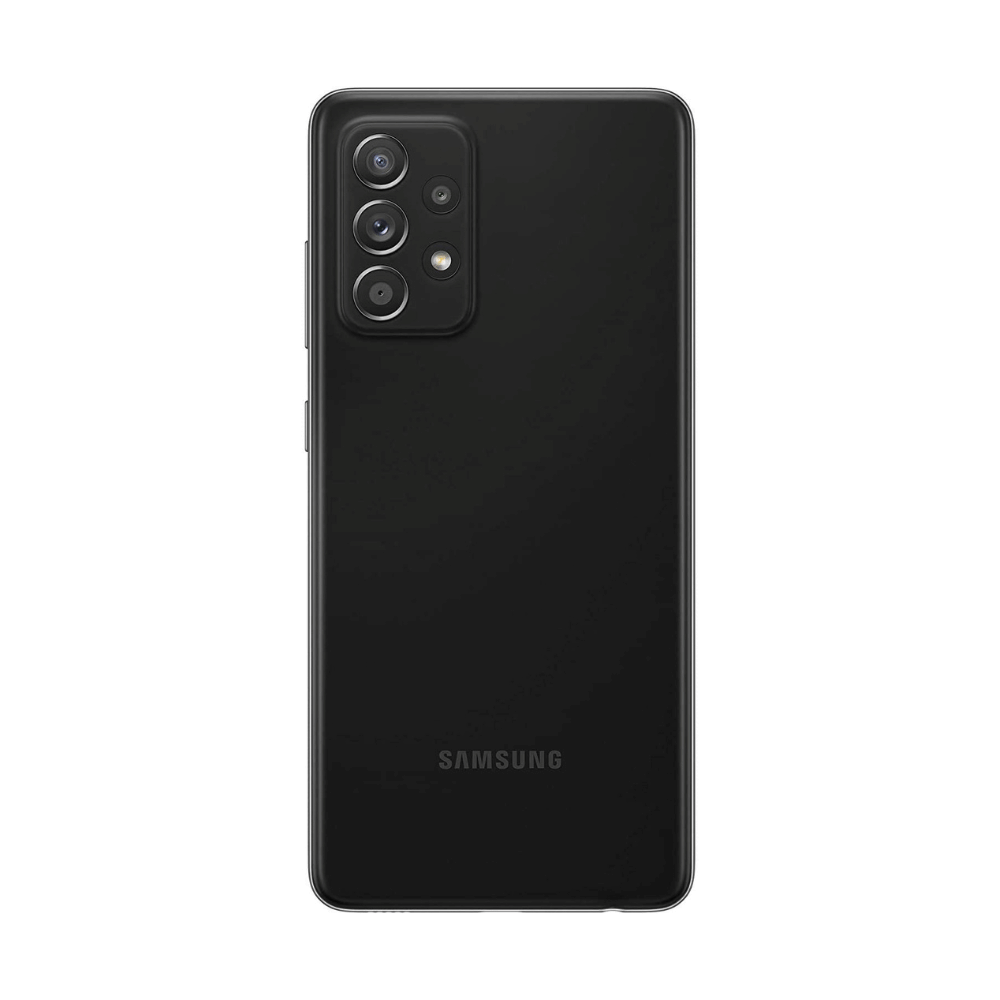 Bagsiden af en sort Samsung A52 smartphone med triple kameraopsætning