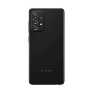 Bagsiden af en sort Samsung A52 smartphone med triple kameraopsætning