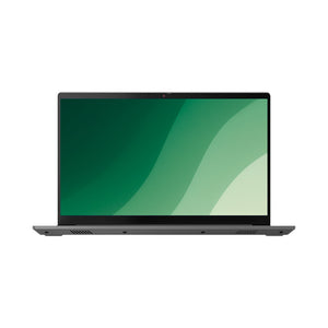 Sort bærbar computer med grøn skærm, set forfra, tynd ramme, Windows laptop